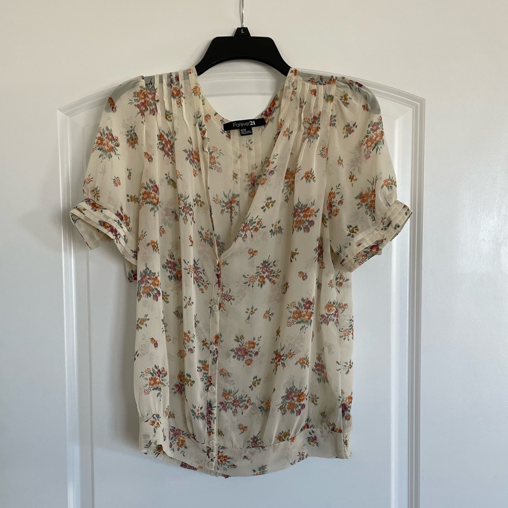 Beige quarter button down blouse with orange flowers, size medium